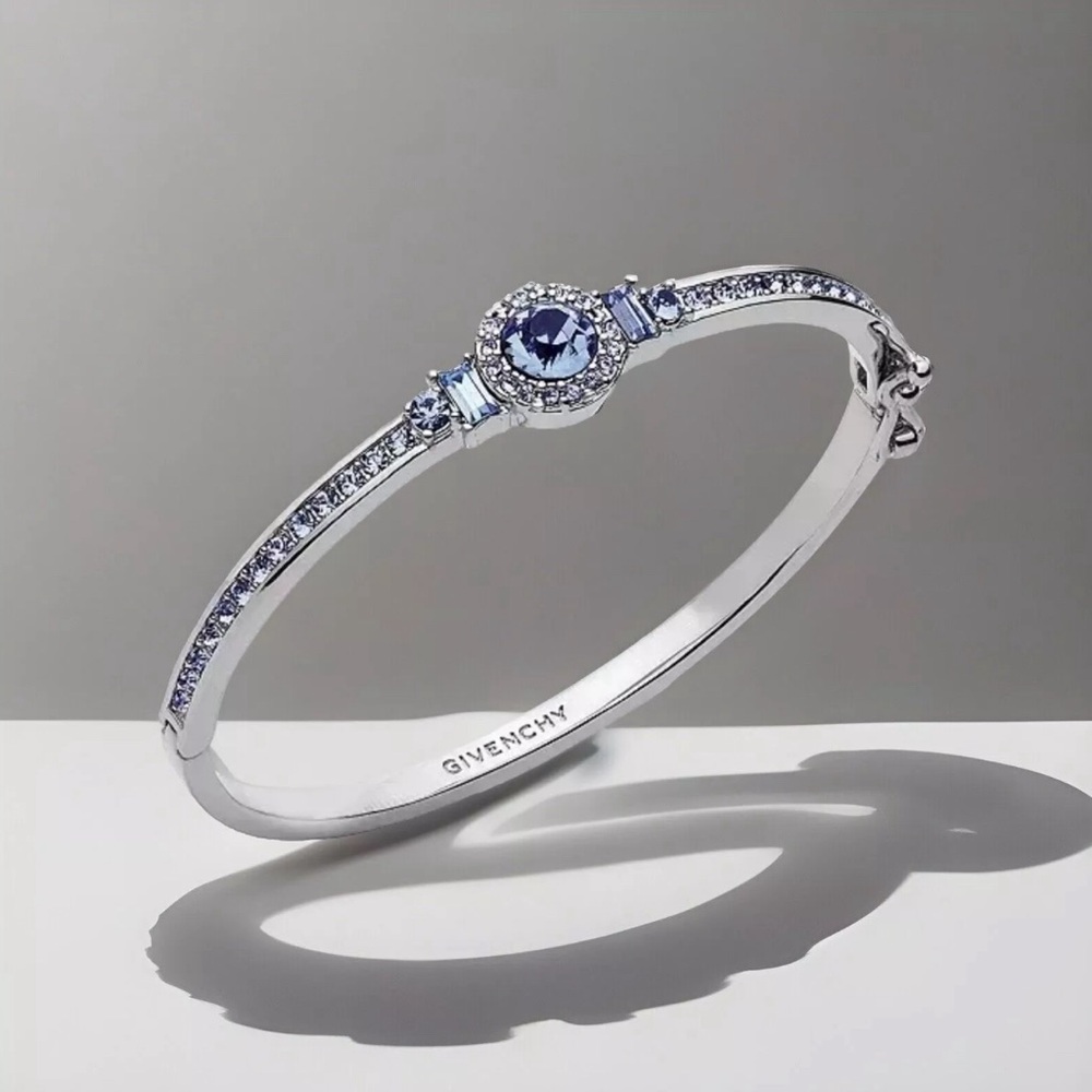 Givenchy Silver-Tone Round Crystal and Pavé Hinged Bangle Bracelet Blue